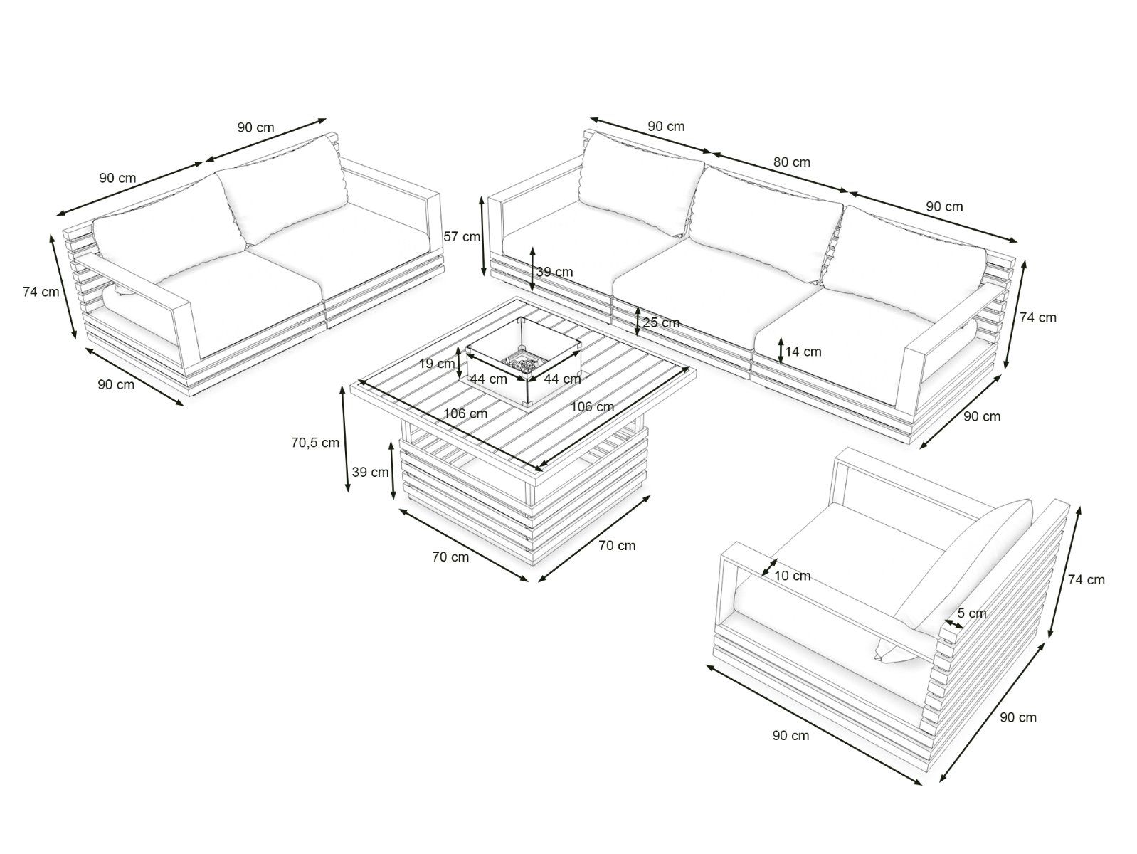 RN-4 L Lounge Garnitur mit höhenverstellbaren Feuertisch | artelia.de