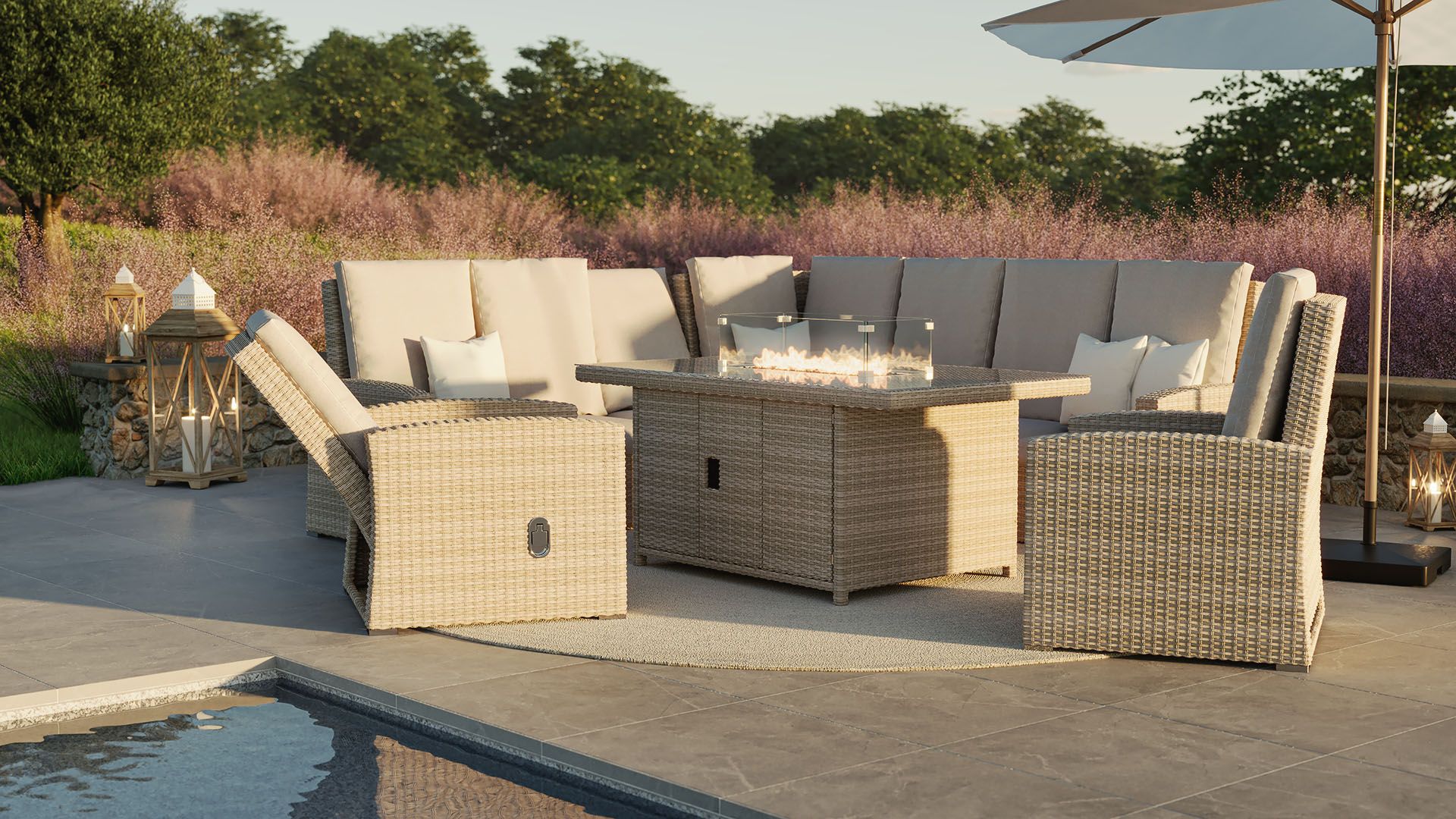 Jetzt EssLounge Terrassenmöbel mit Feuertisch kaufen. Die Ess