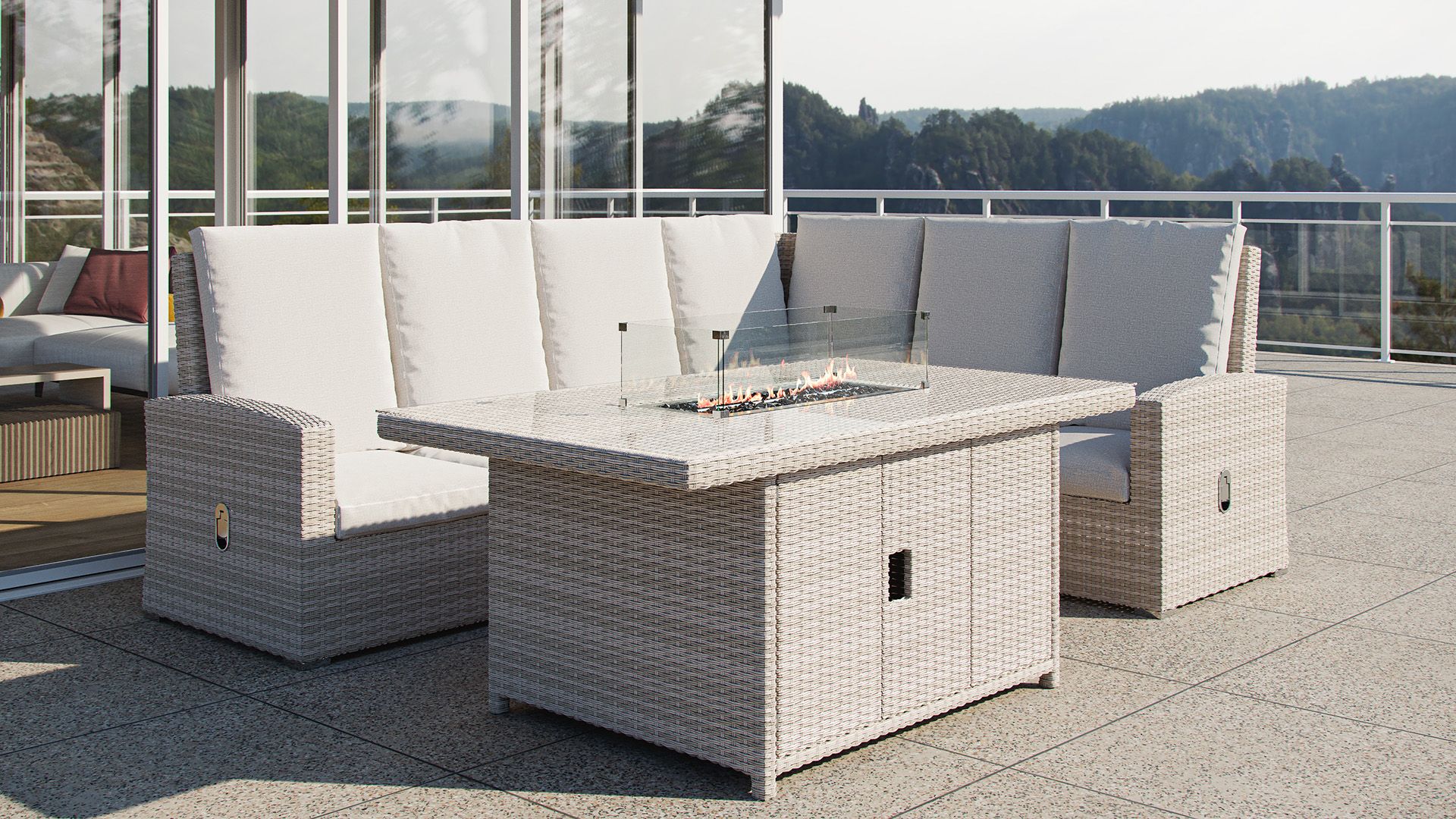 Jetzt EssLounge Terrassenmöbel mit Feuertisch kaufen. Die Ess