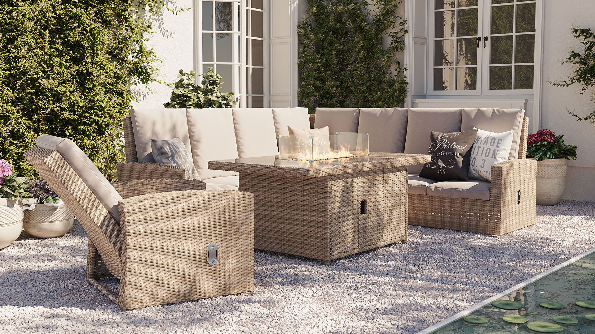 Jetzt EssLounge Terrassenmöbel mit Feuertisch kaufen. Die Ess