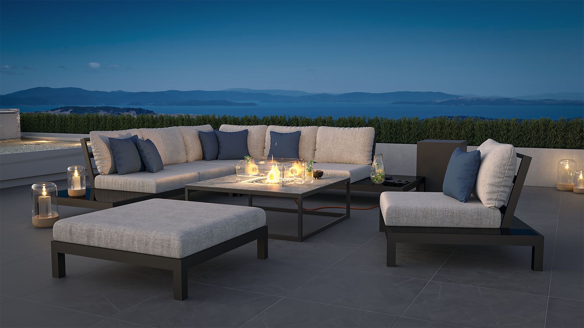 Loungemöbel Garnitur VALENTINO L mit Feuertisch Condor für Garten