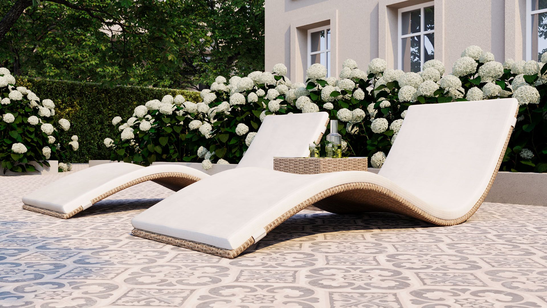 geschwungene Rattanliegen aus Polyrattan für Terrasse, Pool und Garten
