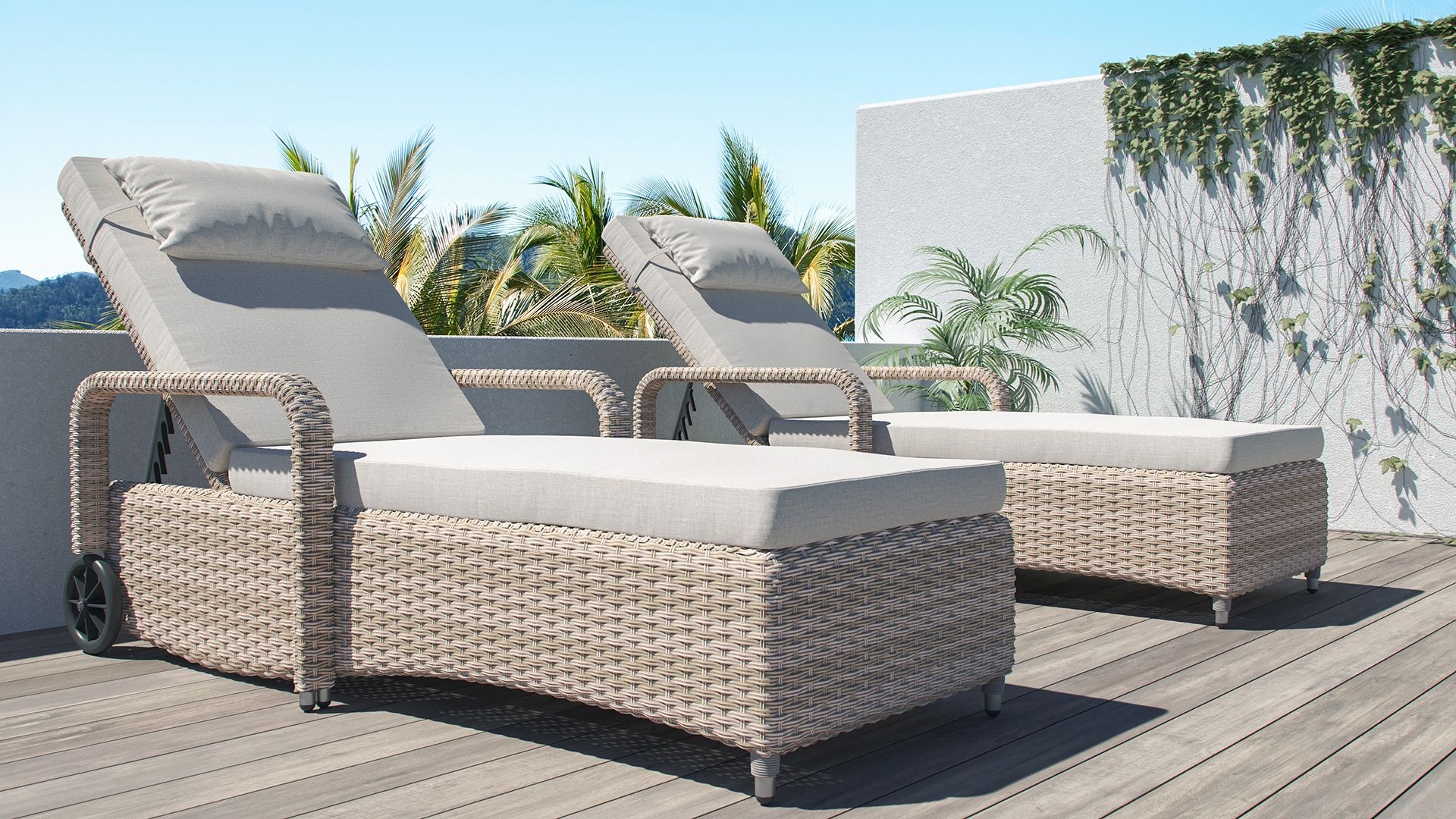 geschwungene Rattanliegen aus Polyrattan für Terrasse, Pool und Garten