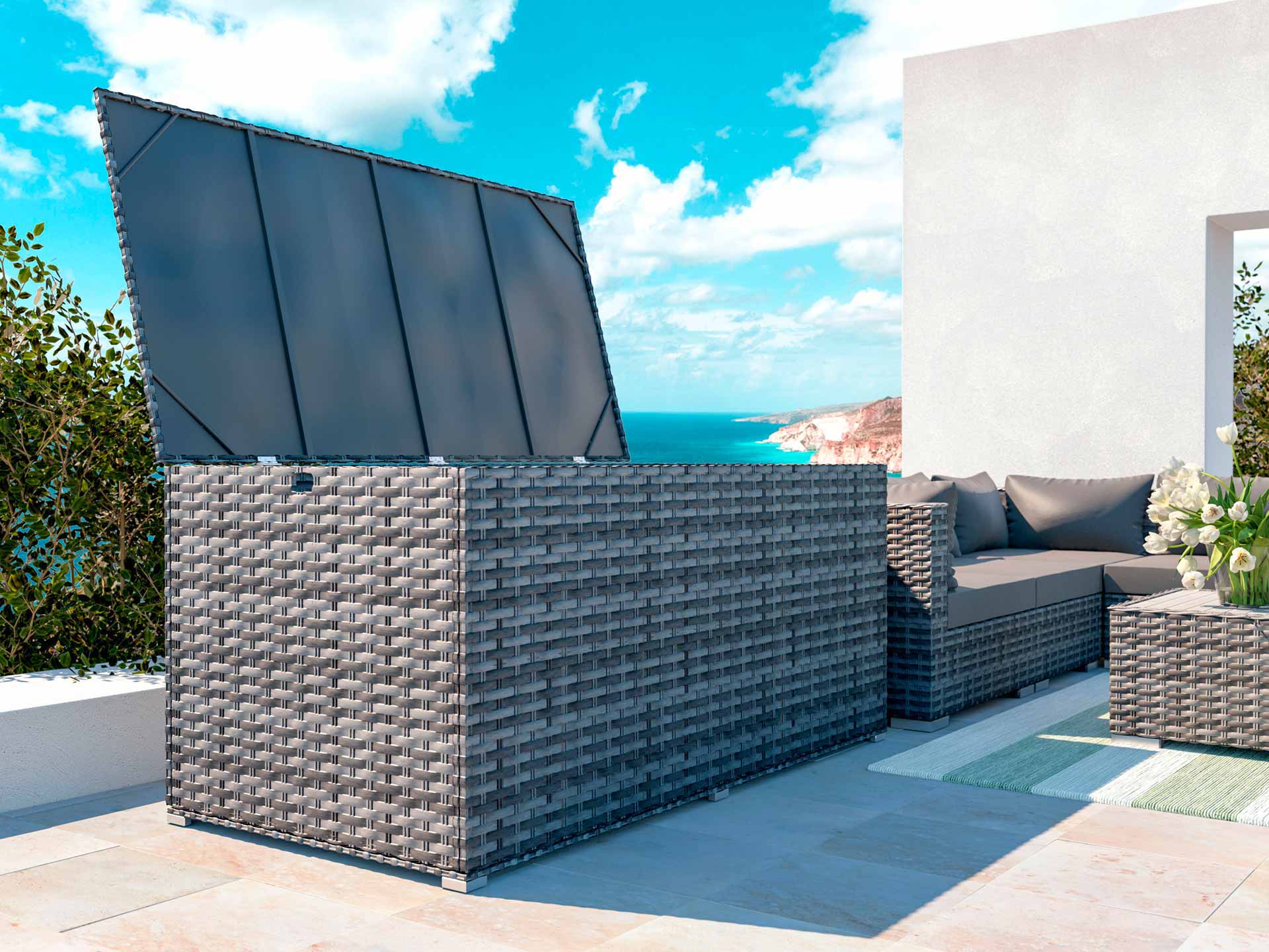 Rattan Auflagenbox inklusive Wetterschutz Coralia L